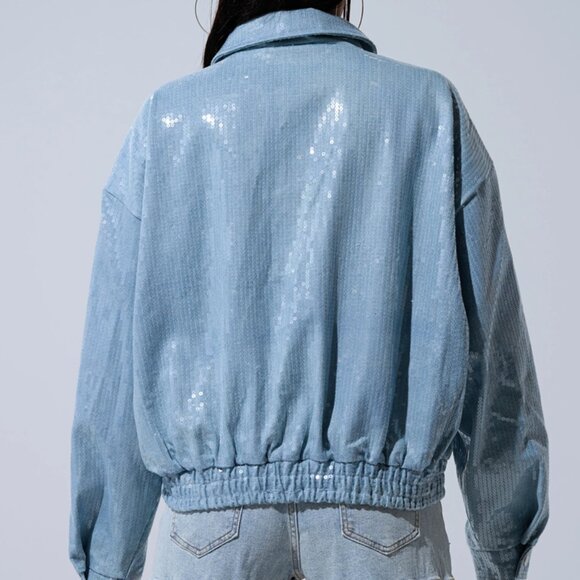 Akira Sequin Overlay Denim Bomber Jacket - Picture 3 of 5